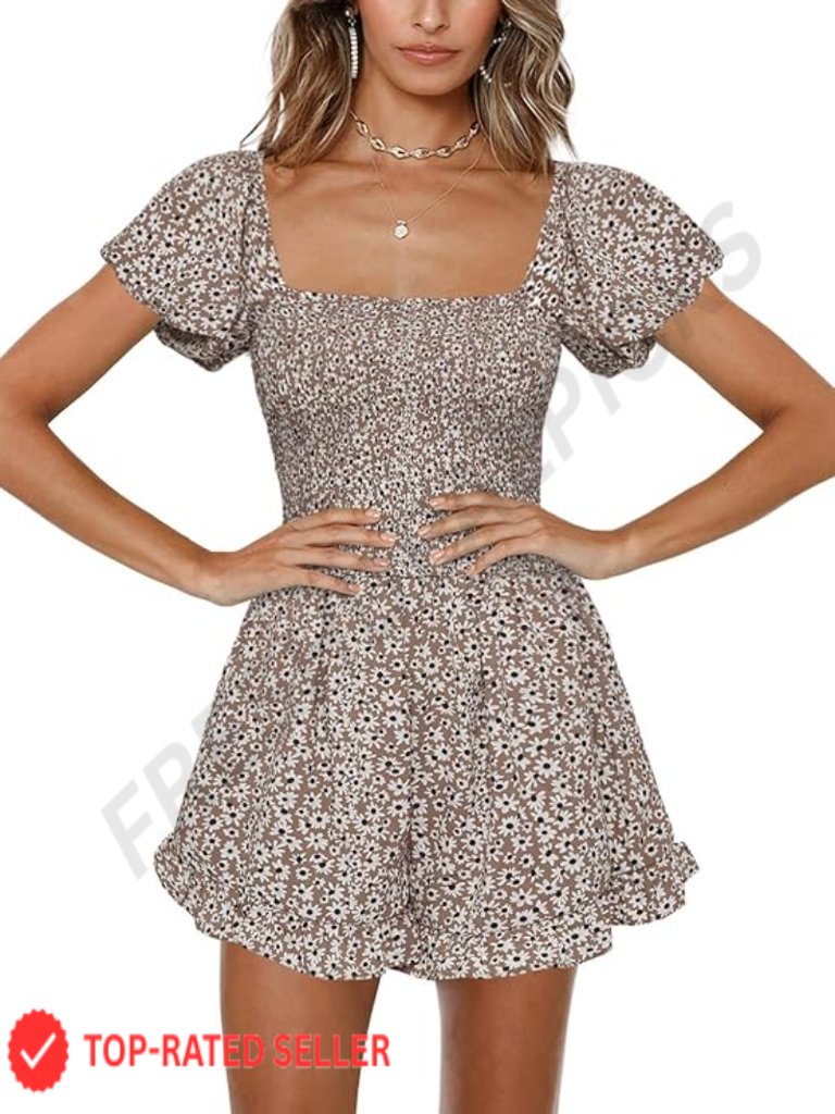Smocked Wide Leg Romper Jumpsuit Floral Square Neck Cap Sleeve Summer Beach